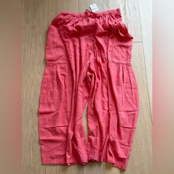 Free People Quinn Linen Blend Cargo Pants Coral Pink Quartz Wide Leg Resort NWT - Picture 2 of 4